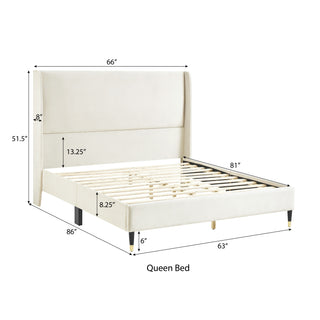 Sunvega King Beige Velvet Wingback Platform Bed with Low Profile Design