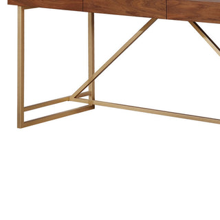 Sunvega Modern Writing Desk with Walnut Brown Top and Unique Gold Metal Legs