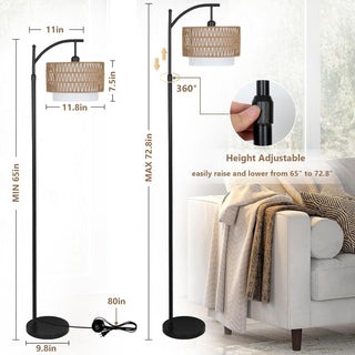 Sunvega Adjustable Farmhouse Arc Floor Lamp with Rattan & Fabric Shades and Remote