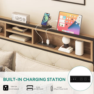 Sunvega Queen Size Bed Frame with Charging Station Storage Headboard and Footboard