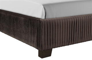 Sunvega Queen Upholstered Pleated Bed in a Box with Sturdy Dark Brown Frame