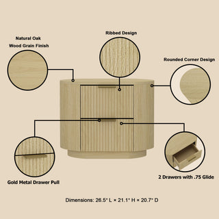 Sunvega Modern Natural Oak Nightstand with Two Drawers and Ribbed Texture