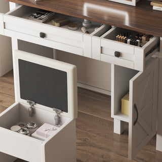 Sunvega Farmhouse Vanity Desk with Sliding LED Mirror Lights and Hairdryer Holder