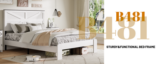 Sunvega Industrial Style Wood Platform King Bed Frame with Headboard and Storage