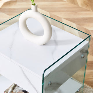 Sunvega Bedside Table with Drawers Made of MDF and Tempered Glass for Storage