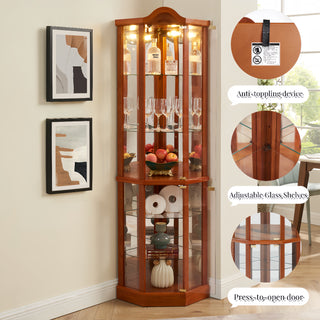 Sunvega Antique Glass Corner Curio Cabinet with Adjustable Shelves and Built-in Light