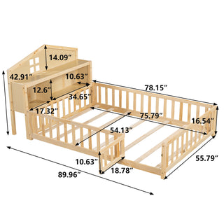 Sunvega Natural Wooden Montessori Floor Bed Frame with Fence and Door for Kids