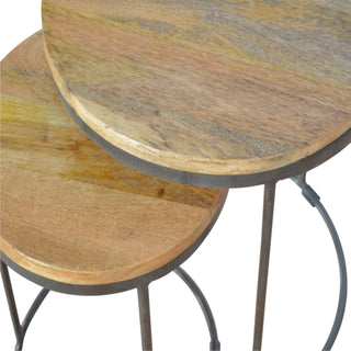 Sunvega Solid Mango Wood Round Stool Set with Iron Base and Oak Finish