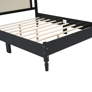 Sunvega Queen Size Wooden Platform Bed with Natural Rattan Headboard and Wooden Slat Support