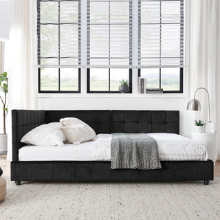 Full Size Upholstered Tufted  Bed Frame, Sofa Bed Frame with Comfortable Backrest and Armrests, Full Size Bed for Bedroom, Living Room,Velvet, Black(80.5''*59''*30.5'')