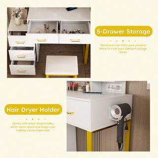 Sunvega White Makeup Vanity Table with LED Lights Power Outlet and 2 Drawers