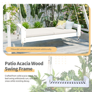 Sunvega Twin Size Acacia Wood Porch Swing Bed with Hemp Ropes for Garden