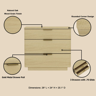 Sunvega Modern Oak Nightstand with 3 Drawers and Glam Metal Handles for Bedroom