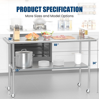 Sunvega NSF-Certified Stainless Steel Prep Table with Wheels and Adjustable Undershelf