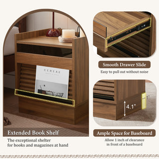 Sunvega Modern Brown Nightstand with Charging Station, Smart LED Lights, and Two Drawers
