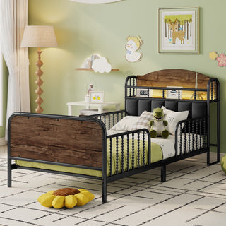Sunvega Kids Full Metal Bed with Upholstered Headboard LED Lights and Storage