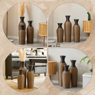 Sunvega Hand-Woven PVC Rattan Vases Set of 3 Brown Farmhouse Floor Decor