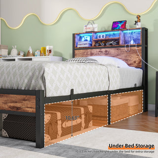 Sunvega Twin Size Bed Frame with Storage Headboard, Charging Station, and Bookcase