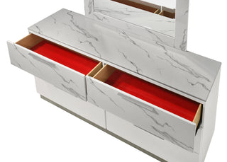 Sunvega White Lacquer Dresser with Six Smooth-Glide Drawers and Marble Accents