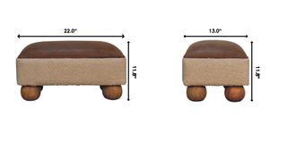 Sunvega Vintage Leather Boucle Upholstered Footstool with Solid Mango Wood Ball Feet