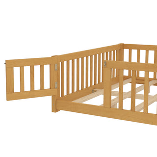 Sunvega Twin Size Floor Bed with Safety Guardrails and Door for Kids in Natural