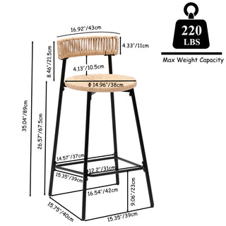 Sunvega Hand Woven Paper Rope Bar Stools with Backrest and Footrest for Kitchen Island