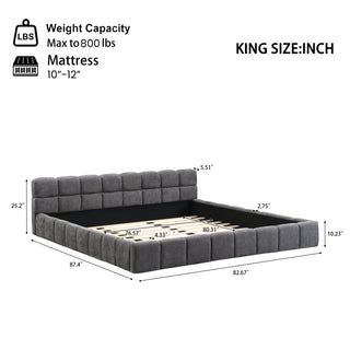 Sunvega Elegant Soft Chenille Upholstered Bed with Checkerboard Headboard in Grey