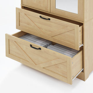 Sunvega Natural Wood Wardrobe for Bedroom with Mirror, 2 Doors, 2 Drawers, and Built-in Light
