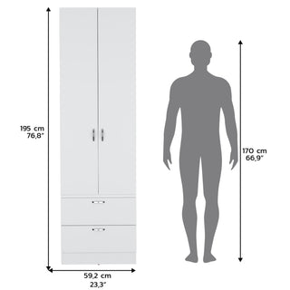 Sunvega Modern White Wardrobe with Hanging Rod, 2 Drawers and Storage Shelf