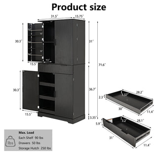 Sunvega Freestanding Fluted Kitchen Pantry Cabinet with 3 Keyboard Drawers and 6 Shelves