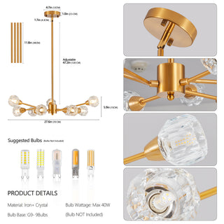 Sunvega Modern Crystal Chandelier with 9 Lights Golden Chrome Globe Design