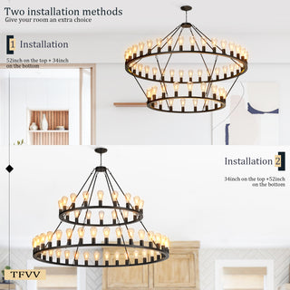 Sunvega 60 Inch Black 2 Tier 54-Light Farmhouse Industrial Wagon Wheel Chandelier