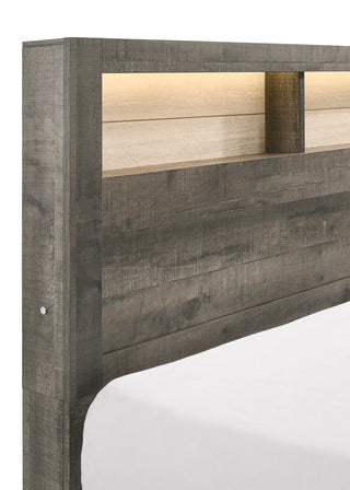 Sunvega King Size Platform Storage Bed with Plank-style Headboard and Built-in Lighting