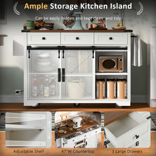 Sunvega Farmhouse Kitchen Island with Power Outlet Sliding Barn Doors and Drop Leaf