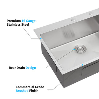 Sunvega 33x22x10 Inch Drop-in Single Bowl Stainless Steel Kitchen Sink
