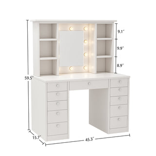 Sunvega Makeup Vanity Desk with 11 Drawers and Large Storage, 10 Bulb LED Mirror with 3 Lighting Modes