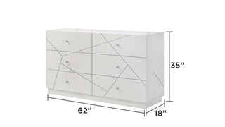 Sunvega White Lacquer Dresser with Six Smooth-Glide Drawers and Marble Accents