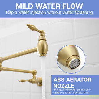 Sunvega Brass Wall Mounted Pot Filler Faucet with Stretchable Double Joint Swing Arms