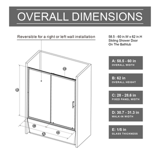 Sunvega 60x62 Inch Adjustable Sliding Shower Door with Tempered Glass and Black Frame