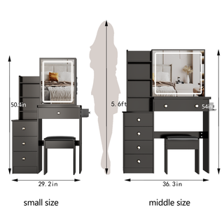Sunvega Small Size Left Bedside Vanity Table with Cushioned Stool and Touch LED Mirror