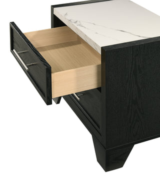 Sunvega Modern Nightstand with Faux Marble Top Two Drawers Black Finish