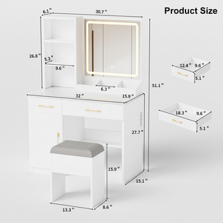 Sunvega White Glass Top Vanity Desk with 10 Drawers and Lighted Mirror