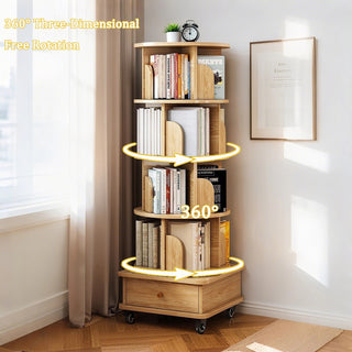 Sunvega 360° Rotating Bookshelf with Wheels and Drawer for Space-Saving Storage