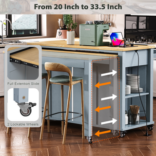 Sunvega Extendable Kitchen Island with Dining Table Internal Storage and Power Outlet