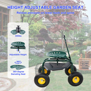 Sunvega 360 Degree Swivel Rolling Garden Trolley Chair with Wheels and Utility Tray