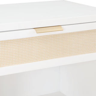 Sunvega White Coastal Nightstand with Cane Drawer and Gold Pull