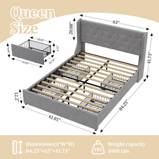 Sunvega Dark Grey Full Size Bed Frame with 4 Storage Drawers and Wingback Headboard
