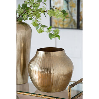 Sunvega Gold Aluminum Chisel Flower Vase with a Short Round Metallic Silhouette