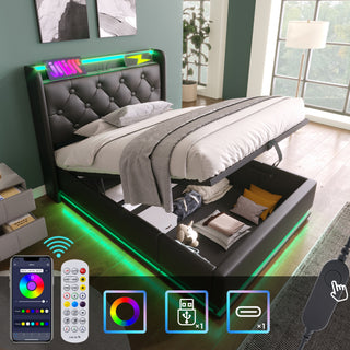 Sunvega Full Size Upholstered Bed with 360 LED Lighting Hydraulic Storage and USB Charging