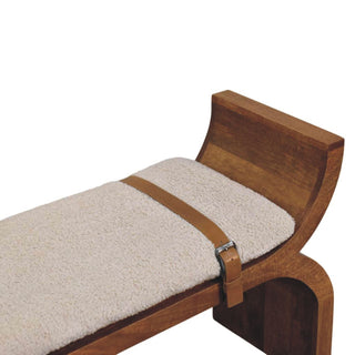 Sunvega Handcrafted Solid Mango Wood Stirrup Curve Sculptural Bench in Amber Oak